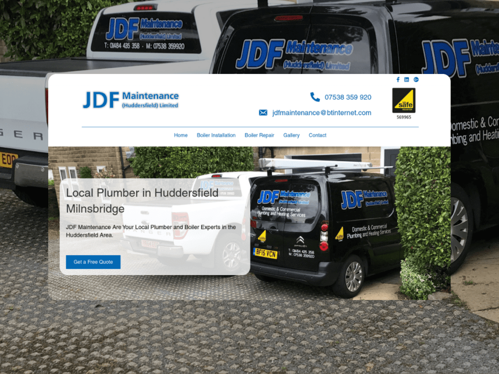 screen shot of a local trades website in Huddersfield for a Plumber and Gas engineer by Wildwood Digital